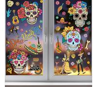 Autocollants De Fenêtre Mexicains Dia De Los Muertos Décorations De Fenêtre d'halloween Crâne De Sucre Squelette Fleurs Design Autocollants Fournitures De Fête du Jour des Morts