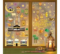 Autocollants de Fenêtre Ramadan Kareem Eid Mubarak - Stickers Électrostatiques Réutilisables avec Motifs Lune, Étoiles et Mosquée - Décoration de Fête pour Vitrine, Porte, Verre et Maison