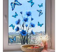 Autocollants de fenêtre sans colle avec fleur bleue et papillon pour une installation saisonnière ou permanente sur des surfaces en verre transparent