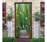 Autocollants De Porte 3D 95X215Cm Sticker De Porte Pont Plantes Arbres Oiseaux Trompe L'Oeil 3D Auto-Adhésif Pvc Imperméable Stickers Muraux Art Poster Vinyle Chambre Cuisine Decoration Murale
