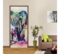 autocollants de porte 50x125cm(19.68 inches * 49.21 inches) éléphants animaux Peinture murale de porte Sticker Trompe l'œil Stickers de Porte 3D Effet Décoration Auto Adhésif Amovible Imperméable PVC