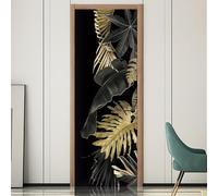 Autocollants de Porte 77x200 cm Feuilles de palmier en or noir 3D Trompe L'Oeil Auto-adhésif Vinyle Porte Papier Stickers Imperméable Mur Salon Chambre Salle Bain Décor
