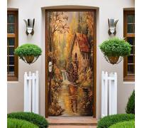 Autocollants de Porte 77x200 cm Maison de campagne peinte 3D Trompe L'Oeil Auto-adhésif Vinyle Porte Papier Stickers Imperméable Mur Salon Chambre Salle Bain Décor
