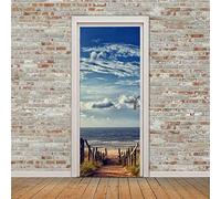 Autocollants de Porte 77x200 cm Paysage de bord de mer 3D Trompe L'Oeil Auto-adhésif Vinyle Porte Papier Stickers Imperméable Mur Salon Chambre Salle Bain Décor