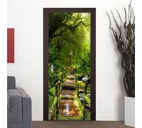 Autocollants de Porte 77x200 cm Paysage de forêt verte 3D Trompe L'Oeil Auto-adhésif Vinyle Porte Papier Stickers Imperméable Mur Salon Chambre Salle Bain Décor