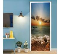 Autocollants de Porte 83x204 cm Coucher de soleil vue sur la mer 3D Trompe L'Oeil Auto-adhésif Vinyle Porte Papier Stickers Imperméable Mur Salon Chambre Salle Bain Décor
