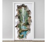 Autocollants de Porte Montagne Cascade Sticker Papier Peint Porte 3D Ruisseau Forêt Stickers Mural Porte PVC pour Chambre Salle de Bain Auto-adhésif Amovible Poster Art Décor 95x215 cm