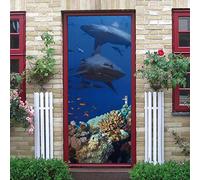 Autocollants De Porte Trompe L'Oeil 3D 77X200cm Amovible Stickers Porte Requin Corail Sous-Marin Créatives Papier Peint PVC Auto-Adhésif Chambre Cuisine Salle De Bain Poster Stickers Muraux