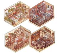 Autocollants de scène 4 Set Cafe, Boulangerie, bibliothèque et Serre 3D House Stickers DIY adorables Autocollants 3D Autocollants de Secours pour Animaux de Compagnie pour Adultes, Enfants