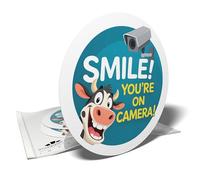 Autocollants de signalisation - Caméra de surveillance - Smile! You’re on camera (vache) - 3 stickers ronds - 10cm
