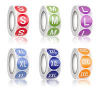 Autocollants de Taille de Vêtements Colorées Étiquettes Adhésives Rondes 2.5cm de Diamètre 6 Rouleaux 3000 Pièces, 6 Tailles (S, M, L, XL, XXL, XXXL)