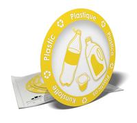 Autocollants d'information - Pictogrammes "Plastique" pour l'organisation du tri sélectif des déchets pour poubelle ou conteneur - 6 stickers ronds - 9,5cm