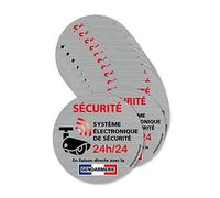 Autocollants dissuasifs Sécurité Système électronique, Lot 12 adhésifs Système Électronique, Liaison directe avec la Gendarmerie - Diamètre 75mm - Aspect Aluminium Brossé