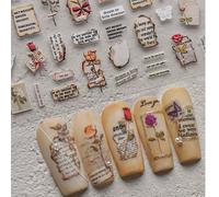 Autocollants d'ongles 3D style affiche de journal vintage - Autocollants décoratifs adhésifs pour nail art, convenant aux femmes et aux filles, parfaits pour les soins des ongles DIY à la maison ou da