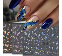 Autocollants et décalcomanies d'art pour ongles avec impression de feuille d'or à rayures multicolores, ligne ondulée, marbre bleu violet brun, géométrie abstraite, fleurs. Glissières d'art pour ongle