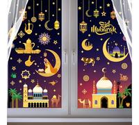 Autocollants Fenêtre pour Ramadan Kareem, 111PCS Grand Lune Étoile Lanterne Doré Stickers Vitre, Statique Verre Autocollant Eid Mubarak Decoration pour Islamique Musulman Al-fitr Fête Accueil Portes