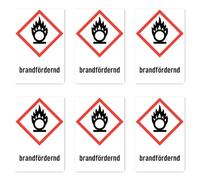 Autocollants Havati : 75x50 mm, 6 pièces comburant symbole de danger avec texte (allemand) (rouge/blanc) vertical GHS03 Pictogramme de danger UN/GHS