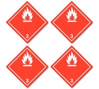 Autocollants laminés : 150 x 150 mm, lot de 4 - Notes de danger - Classe 3 - Blanc - Substances liquides inflammables - Pictogramme de sécurité ADR/GHS/DGR/UN
