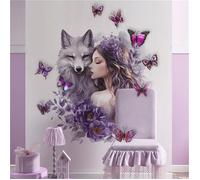 Autocollants muraux 3D en forme de loup, papillon, fleurs, fée pour chambre de fille,décoration de chambre d'enfant