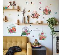 Autocollants muraux à décoller et coller - Fleurs et papillons - Décoration murale pour salon, chambre à coucher, balcon, couloir, fenêtre, porte d'entrée, miroir