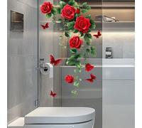 Autocollants muraux amovibles et autoadhésifs de plantes florales aquarelle romantiques avec des roses rouges, des vignes, des feuilles et des papillons. Convient pour la salle de bain, les fenêtres, 