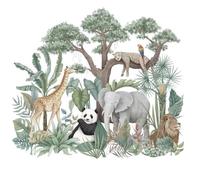 Autocollants muraux Cartoon Animal de forêt tropicale humide,plantes vertes Lion Girafe Éléphant Stickers, DIY Mur Art Décorations