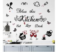 Autocollants Muraux de Cuisine Noir Bénissez Cette Cuisine Stickers Muraux Papillon Manger Aimer Boire Citation Noir STICKERS