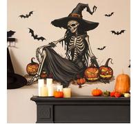 Autocollants muraux squelette de sorcière d'Halloween - Chauve-souris maléfique, autocollants citrouille, autocollants muraux