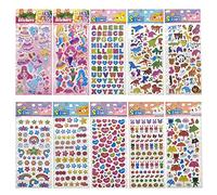 Autocollants pour Enfants,10 Feuilles 3D Gommettes Autocollantes Scrapbooking Stickers Anime Récompenser pour Fille Garcon,Inclure Animaux Dinosaure Parapluie Etoile Sirène Princesse Coeur Lettres