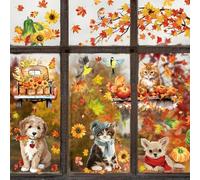 Autocollants pour Fenêtre Automne - 93 Stickers Automne Réutilisables avec Feuille d'érable, Chatons et Chiots, Décoration Fenêtre pour Chambre d'enfants, Halloween, Thanksgiving