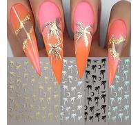 Autocollants pour Nail Art à motifs tropicaux hawaïens de palmiers de cocotier, d'arbres de cocotier, de mouettes et de lune en or, bleu laser et noir. Décalcomanies pour le Nail Art DIY, fournitures