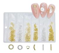 Autocollants pour nail art en métal - Design à 6 grilles - Accessoires de décoration - Fond de cœur - Bijoux pour ongles - Rivets et pierres précieuses