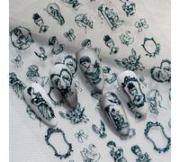 Autocollants pour ongles de style baroque gothique sombre vintage avec texture gaufrée, présentant des portraits classiques, des nœuds et des cadres sculptés, convenant pour une décoration d'ongles él