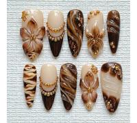 Autocollants pour ongles longs en amande style élégant Y2K, 10 pièces/set, dégradé français marron, fleurs, étoile de mer 3D, cristal, collier doré, goutte d'eau, festin de sirène, ensemble d'art pour