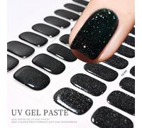 Autocollants pour ongles semi-durcis noirs français, 16 pointes, avec paillettes, Gel UV longue durée, enveloppes de vernis à ongles, couverture complète, Patch de décalcomanies pour Nail Art NO.5