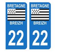 Autocollants pour plaques immatriculation - Breizh - Département 22 - Bleu - 10x4,5 cm - Jeu de 2 stickers