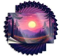 Autocollants pour porte de salle de bain | Un coucher de soleil vibrant dans une forêt avec de grands arbres et des fleurs sauvages. Autocollant Happy pour bricolage debout (6 x 9 cm)