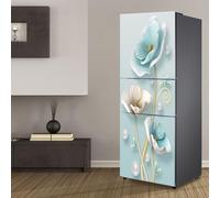 Autocollants pour réfrigérateur, Autocollant de réfrigérateur couvrant entièrement la porte du, autocollants muraux en peau for décalcomanie cuisine, fleur blanche bleu glace(M: 60x180 cm)