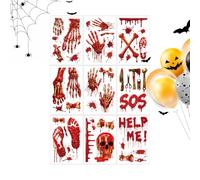 Autocollants sanglants en vinyle 3D pour fenêtre Motif empreinte de main, empreinte de pied et crâne Pour maison hantée fête d'Halloween maison ou porte fenêtre