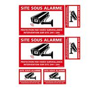 Autocollants Site sous Alarme - Lot de 6 Adhésifs Sécurité (2+4) - Protection par vidéosurveillance - Intervention 24h/24, adhésif sécurité, signalisation Alarme, Sticker dissuasif