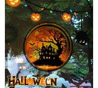 Autocollants statiques réutilisables pour fenêtre, motif Château d'horreur d'Halloween et Chat, film décoratif effet vitrail sans colle pour fête, maison et porte Cat B