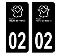 Autocollants Stickers plaque immatriculation voiture auto département 02 Aisne Logo Région Hauts-de-France Full Noir Lot de 2