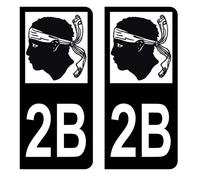 Autocollants Stickers plaque immatriculation voiture auto département 2B Haute-Corse Logo Corse Full Noir Lot de 2