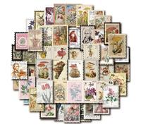 Autocollants Thème du Timbre, 50 Pcs Stickers Bâtiment Plantes Fleurs Animaux Sauvages Papillons pour Scrapbooking Deco de DIY Album Photo Carte de Voeux