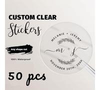 Autocollants transparents personnalisés - Monogramme floral élégant avec noms et date d'événement, transparents et imperméables, n'importe quelle forme découpée