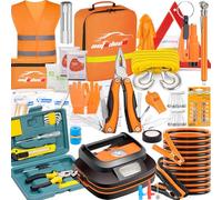 AUTODECO Kit de sécurité d'urgence pour voiture 131 pièces avec compresseur d'air, câble de pont d'air, manomètre de pneu, kit d'urgence pour véhicules