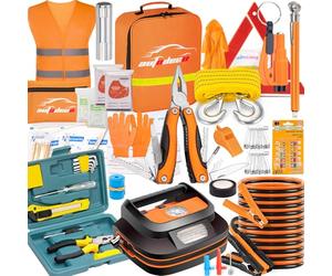 AUTODECO Kit de sécurité d'urgence pour voiture 131 pièces avec compresseur d'air, câble de pont d'air, manomètre de pneu, kit d'urgence pour véhicules