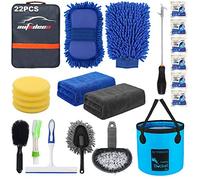 AUTODECO Kit d'outils de nettoyage de voiture 22 pièces en microfibre chenille avec gant de lavage en microfibre, serviettes éponges, tampons applicateurs, brosse à roue, grattoir de fenêtre, plumeau,