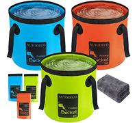 AUTODECO Lot de 3 seaux pliables de 18 litres - Seau à eau portable pour l'extérieur, voyage, camping, pêche, jardinage, lavage de voiture - Bleu, orange et vert