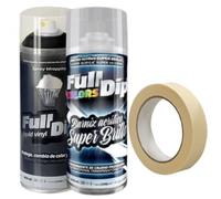 AutoFullCar - Full Dip Vinyle liquide - 1 spray Full Dip noir mat 400 ml + 1 spray vernis acrylique brillant + 1 ruban de carrosserie 24 mm - Idéal pour peindre des logos, des badges, des rétroviseurs